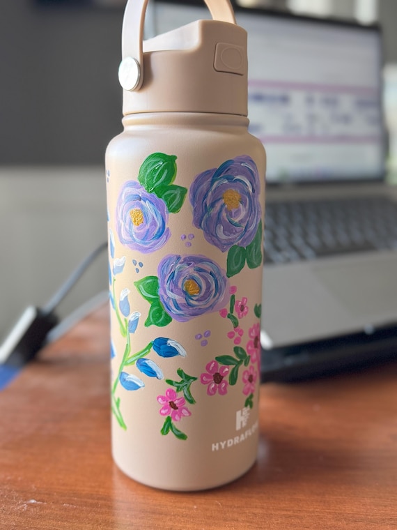 Personalized Hand painted 34oz Water Bottle, Unique holiday gift, Wildflower Floral design, Stainless Steel Tumbler