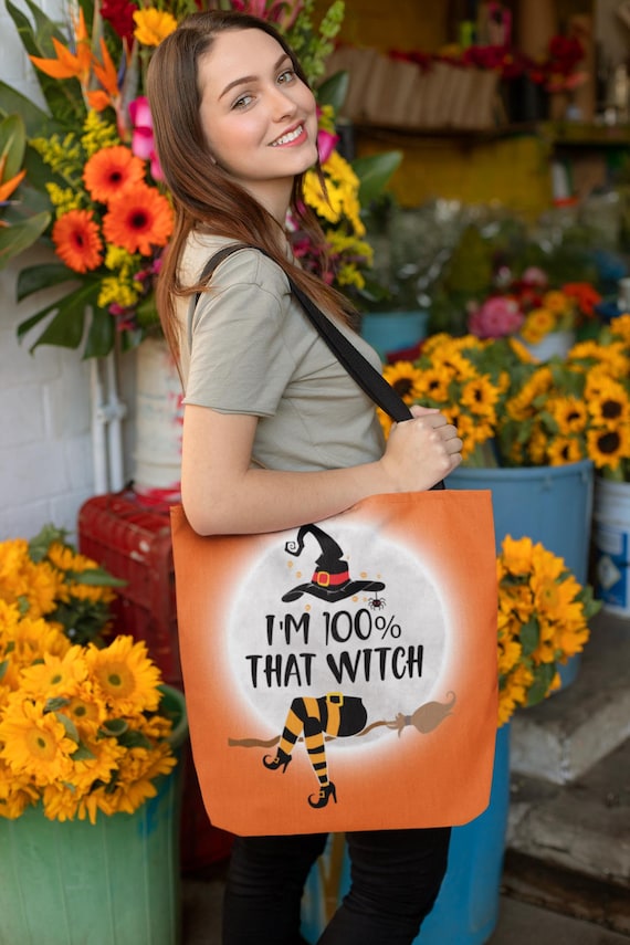 Orange Witch Halloween Trick or Treat Tote Bag, Full moon witchy vibes, That Witch tote, Fall bright tote, Halloween tote bag, Halloween