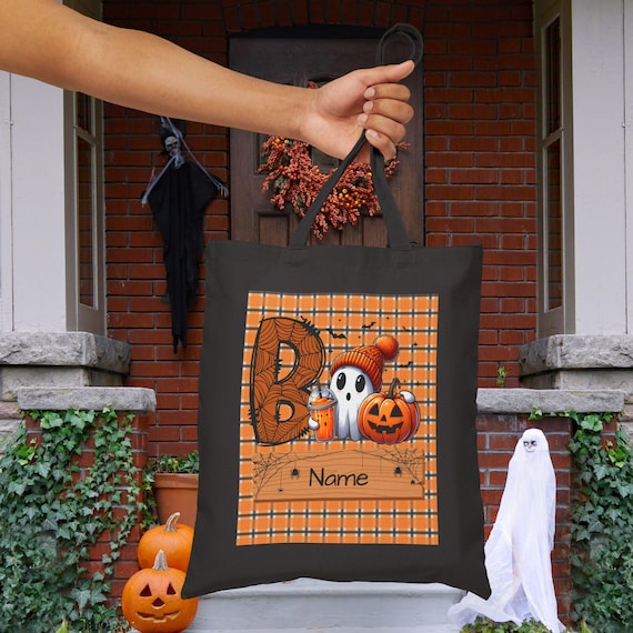 Personalized Halloween Tote Bag, Trick or Treat, Custom Name Boo Bag, Fall Festival Accessory, Spooky Cotton Canvas Tote - SEO: Halloween