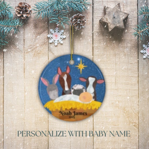 Personalized Baby Nativity Scene Ornament, Faceless Animal Christian Christmas Decor, Baby 1st Christmas Ornament, Customized baby name