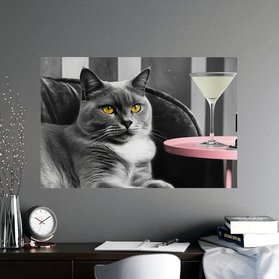 Cat Martini Matte Poster, Horizontal Cat Poster, Relaxing Cat Wall Art, Cat Lover Gift, Cat decor