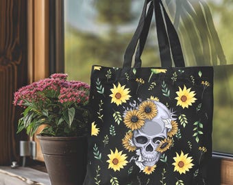 Edgy and Elegant Sunflowers and Skull Tote Bag, Large women's shoulder bag, Gothic tote