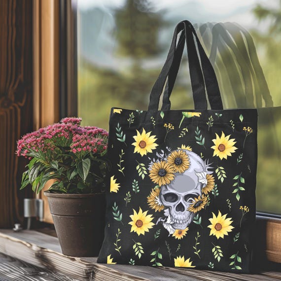 Edgy and Elegant Sunflowers and Skull Tote Bag, Large women's shoulder bag, Gothic tote