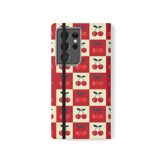 Flip Cases, Cherries on Checkered Pattern iPhone Samsung Case - Red White Plaid Phone Cover, Fruit Lover Gift, Protective Cellphone