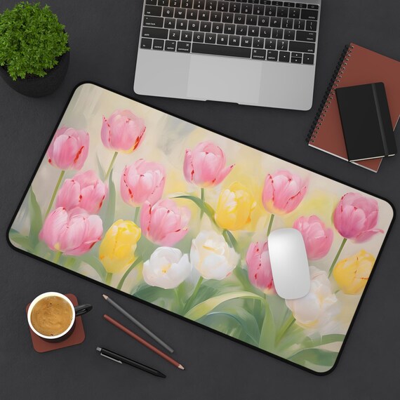 Desk Mat, Easter Tulips Pink Yellow Spring Flowers Painting, Mouse Pad, Office Decor, Desk Accessories, Floral Desk Cover