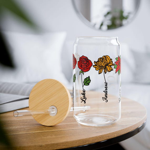 Personalized Birth Flower Sipper Glass, Custom Name Beer Can Cup, Gift for Her, Floral Tumbler, 16oz, Mother's Day Gift
