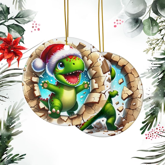 Baby Dinosaur T-Rex Ornaments, Festive Boy's Christmas Ornament, Holiday Decoration, Xmas Tree Decor, Ceramic Round
