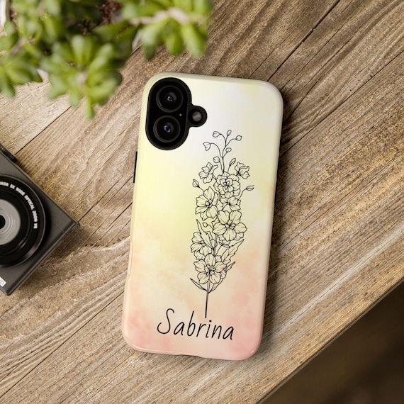 Personalized iPhone Tough Case, Birth Flower doodle with name, Gift for Her, Custom Phone Cover, Floral Design, Functional Art