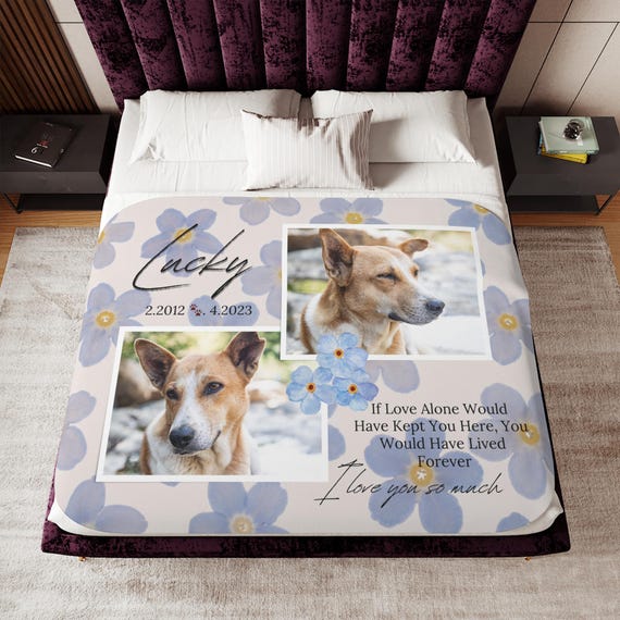 Pet Memorial Sherpa Blanket, Personalized Remembrance Picture, Forget Me Not Flowers, Loss of Pet Gift, Custom Photo Throw