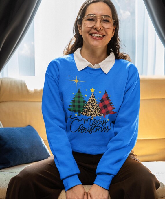 Plaid Leopard Christmas Trees Sweatshirt, Holiday Crewneck Pullover, Festive Xmas Ladies Shirt, Winter Patterned Top, Green Red Winter