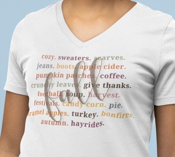 Fall Words Colors V-Neck Tee | Autumn Cozy Season Shirt, Fall Vibes Tshirt, Autumn Colors Apparel, Cozy Season Clothing