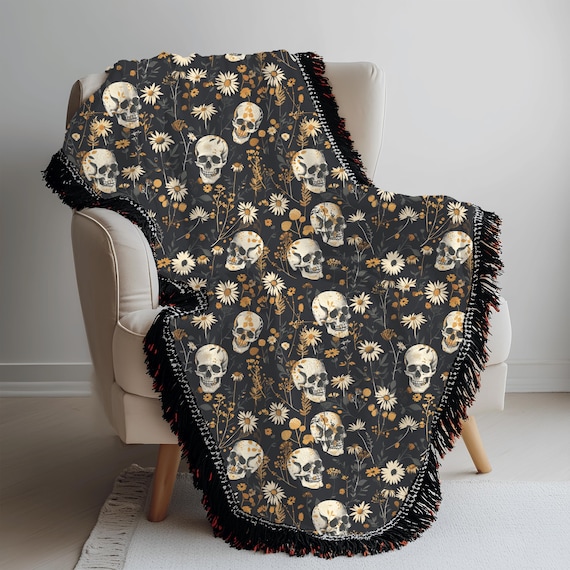 Gothic Woven Blanket, Sinister Skulls Floral Daisy Pattern, Gothic Decor, Skull Blanket, Floral Blanket, Halloween Decor, Gothic Home Decor,
