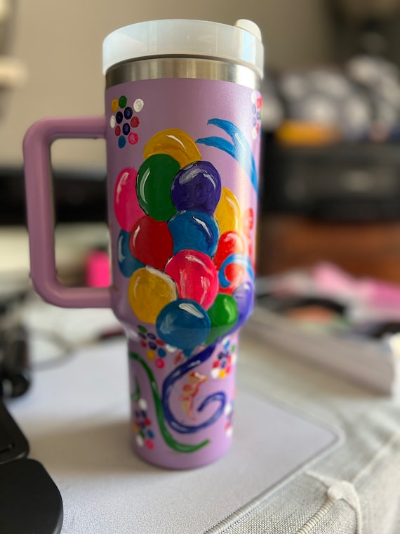 Personalized Milestone Birthday Tumbler - Celebrate in Style with Hand Painted Balloons and Streamers