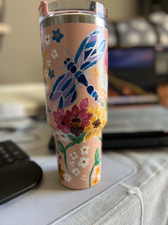 Personalized hand painted 40oz Tumbler, Colorful dragonfly, Spring floral design, Personal gift, Graduation gift