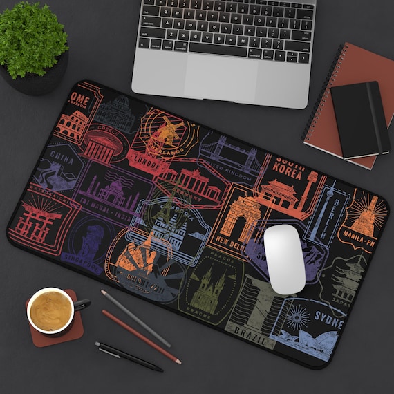 Destinations Desk Mat, Home Office Decor, Traveler Desk Accessory, Workspace keyboard pad, Travel Theme Desk Mat