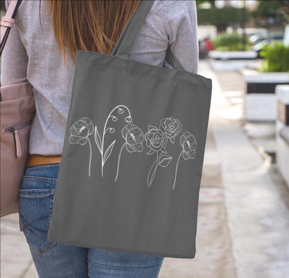 Personalized birth flower black Tote Bag, Custom Flower Shopping Bag, Gift for Nana, GiGi, Mother's Day, Grandkid's birth flowers