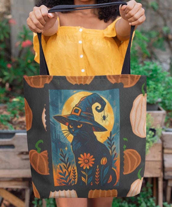 Halloween Black Cat Tote Bag with Pumpkins, Witchy Cat Trick or Treat Bag, Halloween Bag, Black Cat Tote, Halloween Tote Bag, Pumpkin Tote