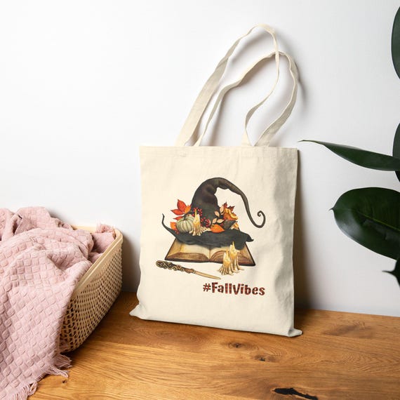 Autumn-Themed Cotton Canvas Tote Bag, #FallVibes Bag, Eco-Friendly Shopping Tote, Gift for Book Lovers, Fall Decor Bag