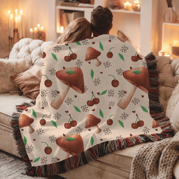 Cottagecore Mushrooms Cherries Blanket, Picnic Blanket, Shitake, Cozy Home Decor, Large Throw Blanket