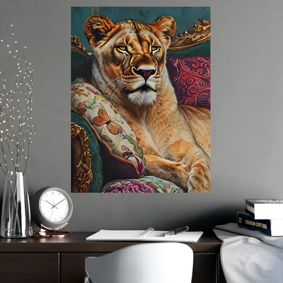 Matte Poster, Majestic Lion Home Decor, Exotic Animal Art Print, Living Room Wall Art, Floral Design, Nature Lovers Gift, Vertical Canvas