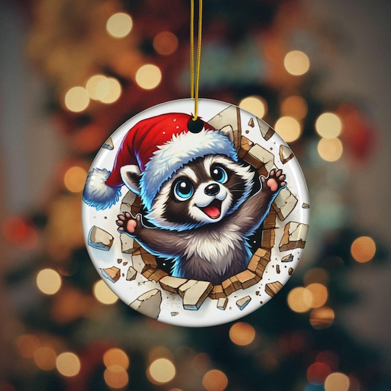 Double-Sided Raccoon Round Ceramic Ornaments, Festive Raccoon Christmas Decor, Kids Holiday Decoration, Xmas Tree Decor, Cute Gift
