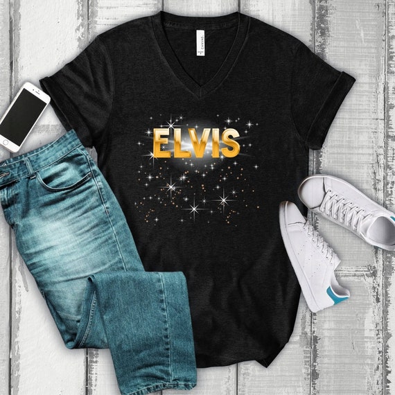 Flashy Gold ELVIS V-Neck Tee, Gift for Mom, Music Fans, Black v-neck T-shirt