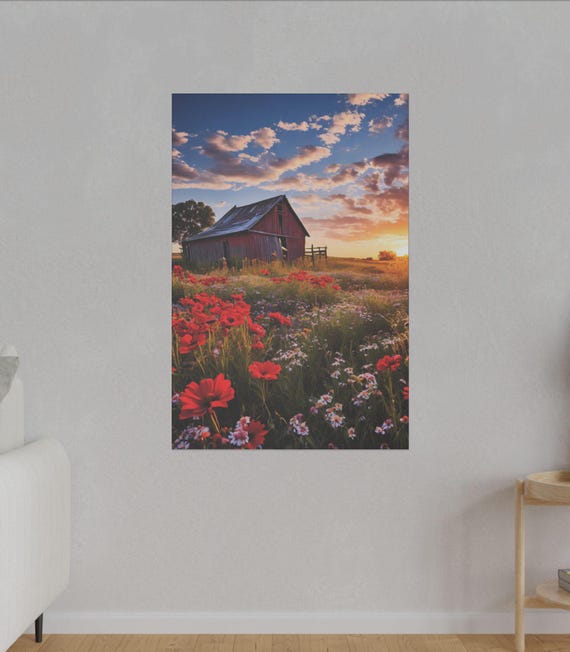 Canvas Print, Red Barn Farmhouse Home Decor, Matte Stretched Wall Art, Wildflower Sunset Field, Rustic Country Wall Decor, Farmhouse Wall
