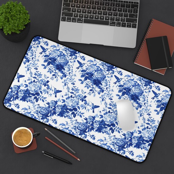 Desk Mat, Chinoiserie Blue and White Hummingbirds Floral Large Office Desk Pad, Home Office Decor, Work From Home Desk Accessory, Pretty