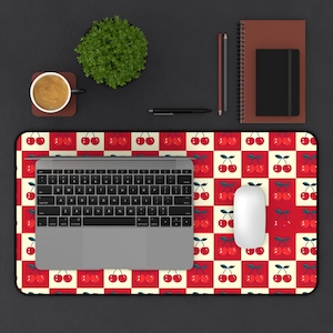 Cherry Checkers Desk Mat: Red and White Patterned Mouse Pad