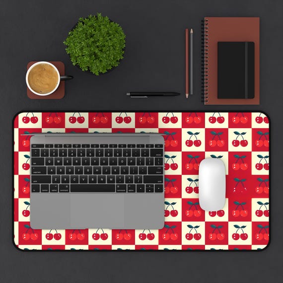 Cherry Checkers Desk Mat, Red and White Pattern Overlay, Gaming Mouse Pad, Office Desk Organizer, Non-Slip Laptop Mat, Work From Home Decor