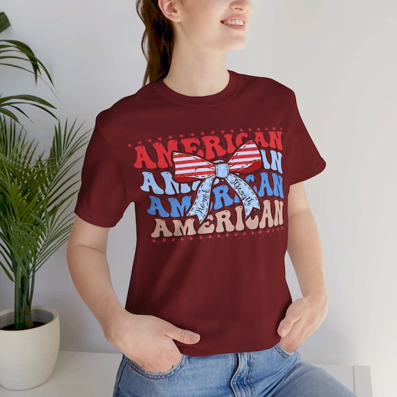 American Coquette Flag T-shirt, Bow Patriotic Short Sleeve Tee, July 4th Ladies shirt, Labor Day Wear, Memorial Day Attire