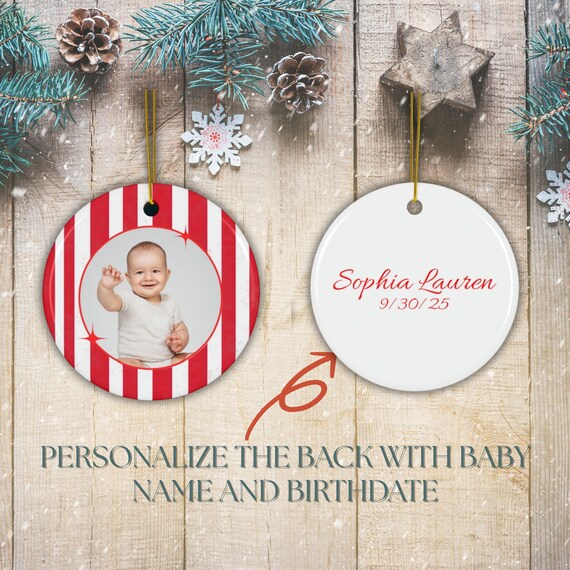 Personalized Photo Christmas Ornament, Striped custom picture and name ornament, Gift for new mom, Gift for grandparents