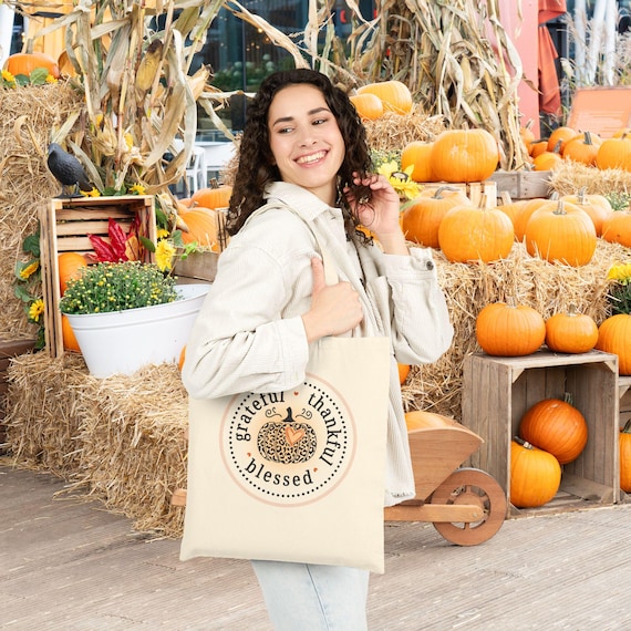 Blessed Grateful Thankful Canvas Tote Bag - Thanksgiving Fall Harvest Season Handbag, Cotton Canvas Bag, Reusable Grocery Tote, Eco-Friendly