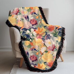 Floral Woven Cotton Blanket: Spring Summer Throw with Fringed Edges