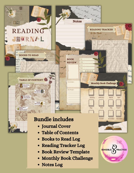 Vintage Reading Journal Printable, Scrapbook style reading journal, Reading planner, Digital printable journal