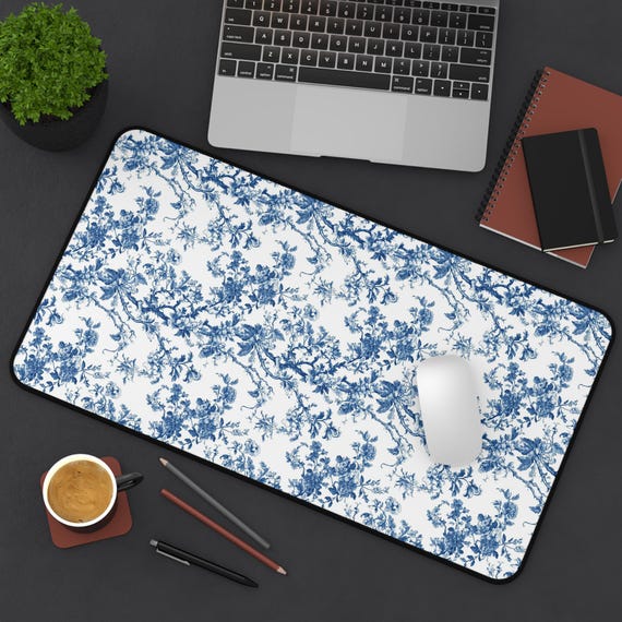 Chinoiserie Blue and White Desk Mat, Oriental Home Office Decor, Floral Table Pad, Chinese Inspired Mouse Pad, Elegant Workstation Accessory