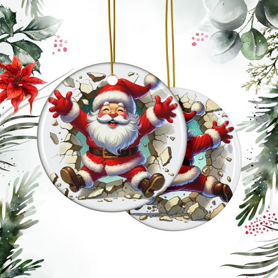 Double-Sided Santa Round Ceramic Ornaments, Festive Santa Claus Christmas Decor, Holiday Decoration, Xmas Tree Decor