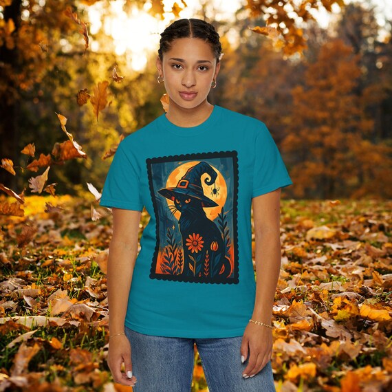 Black Cat Witch Hat Celestial Comfort Colors T-shirt, Halloween Shirt, Witchy Tee, Cat Lover Gift, Boho Shirt, Celestial Clothing