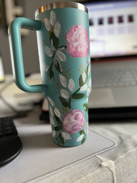 Personalized hand painted 40oz Tumbler, Custom painted large cup with handle, Floral design