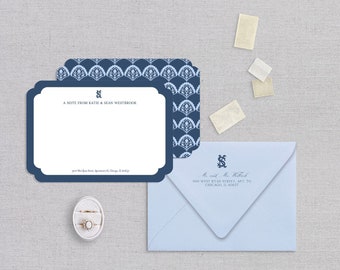 Preppy Blue Couples Stationery, Personalized Notecards, Custom Monogram Cards