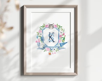 Custom Watercolor Crest with Personalized Icons, School Pennant, Pet Portrait, Blue, Pink, and Green Wedding Art