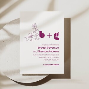 DIGITAL FILE Minimalist floral Wedding Invite, Print on your own, Trendy Invitation, Custom Invitation, Magenta, Jewel Tone, Modern