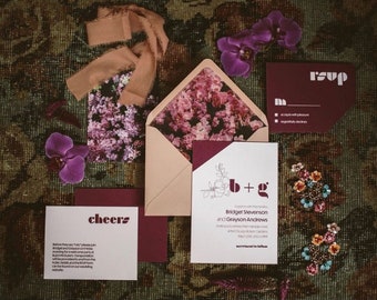 Minimalist Floral Wedding Invite, Trendy Invitation, Custom Invitation, Magenta, Jewel Tone, Modern Invite, Hand Illustrated, Bold Font