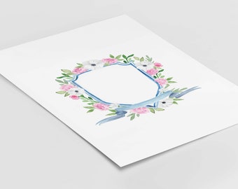 Digital Download - Customizable Floral Watercolor Crest - Pink Peonies, White and Blue Anemones, Greenery