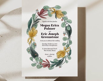 Red and Yellow Floral Wreath Wedding Invitation, Hand Illustrated flowers, wedding art - Customize with a graphic designer