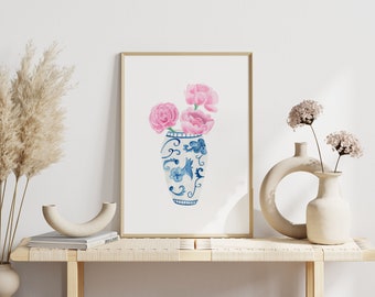 Peonías rosas en florero azul Chinoiserie Art Print
