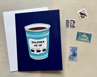 Coffee Themed Valentine, Friend Valentine Card, You Perk Me Up, Blue NYC Coffee Cup Valentine, Adult Valentine