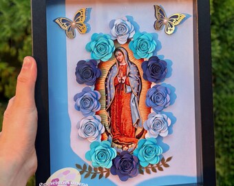 Maagd Maria Shadow Box Bloemenlijst, Virgen de Guadalupe, Religieus Frame, Virgencita con flores, Virgencita Decor, Cuadro de Virgencita