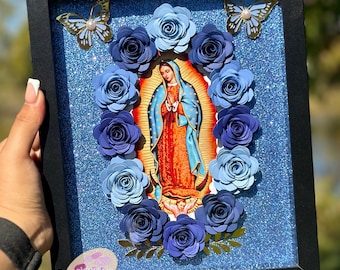 Maagd Maria Shadow Box Bloemenlijst, Virgen de Guadalupe, Religieus Frame, Virgencita con flores, Virgencita Decor, Cuadro de Virgencita