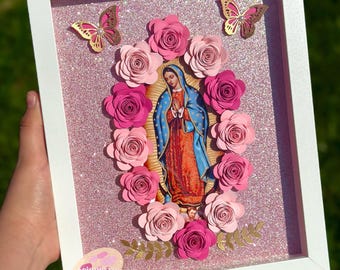 Maagd Maria Shadow Box Bloemenlijst, Virgen de Guadalupe, Religieus Frame, Virgencita con flores, Virgencita Decor, Cuadro de Virgencita